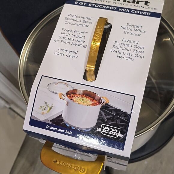 Cuisinart Clasaic 8QT Stainless Steel Stock Pot w/Cover & Brushed Gold Handles - Picture 11 of 12